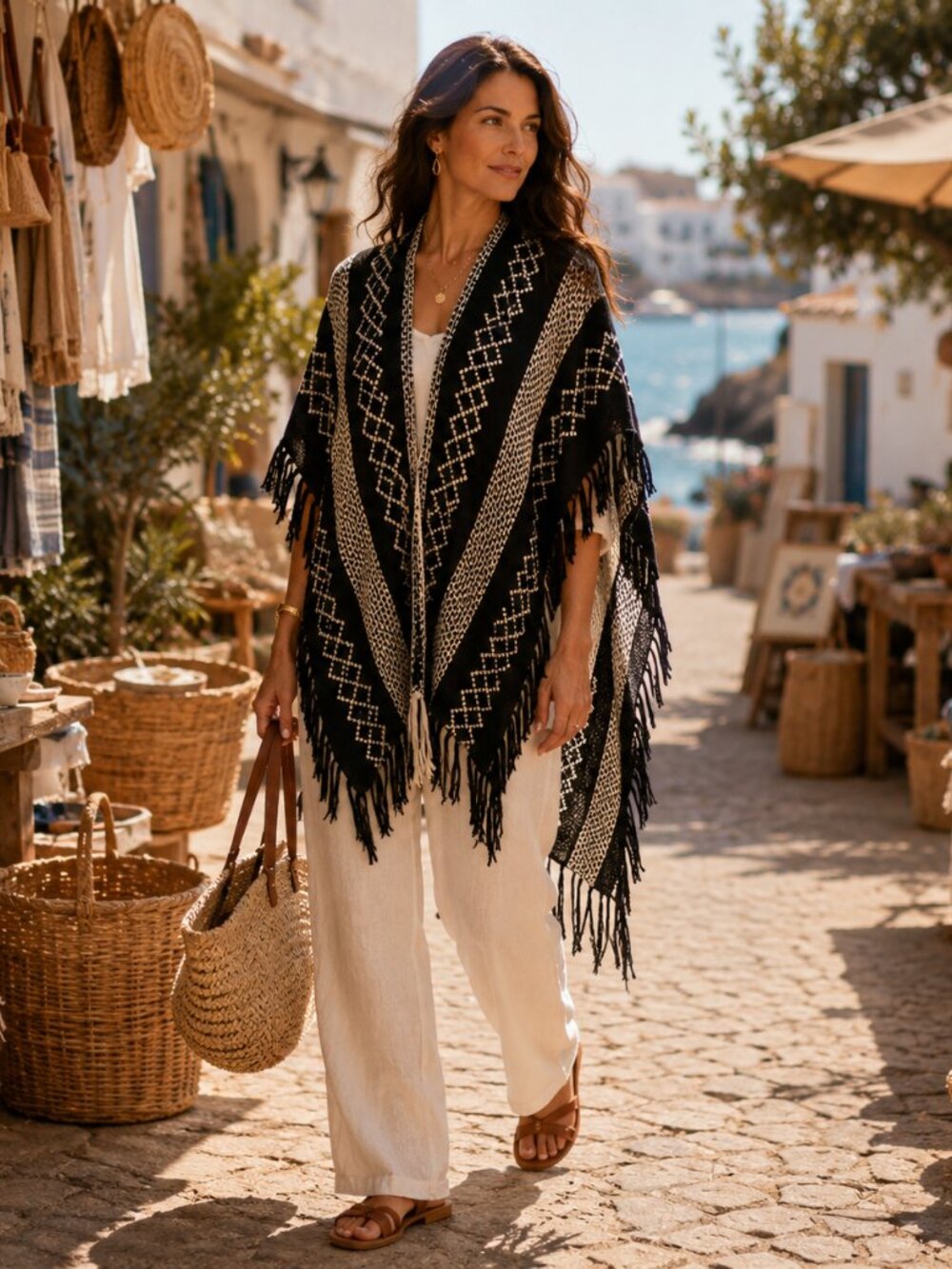 Nicole Marciano Black Ivory Fringe Geometric Wrap Poncho Boho